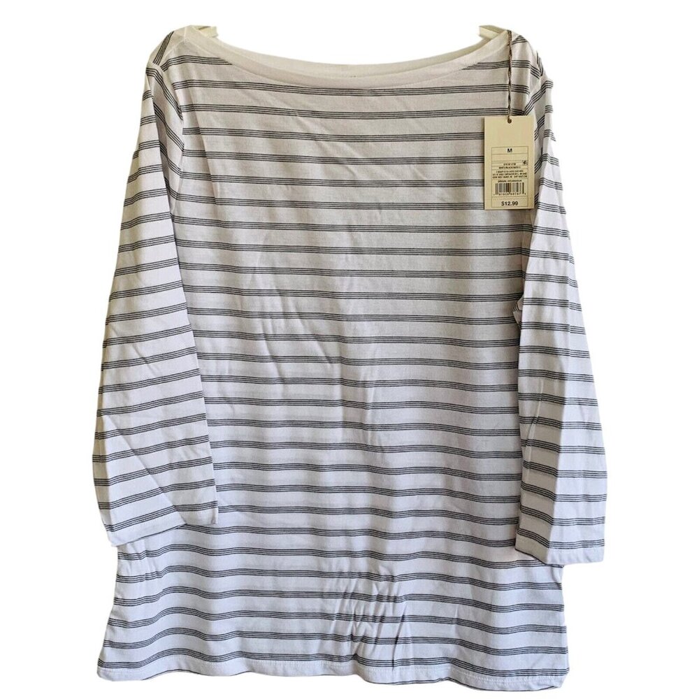 Womens Size M Striped Boatneck Top 3/4 Sleeve White Black Cotton Nautical Tee